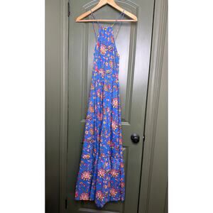 NWT Ro's Garden Bethany Floral Colorful Halter Maxi Dress Light Blue Baru XS